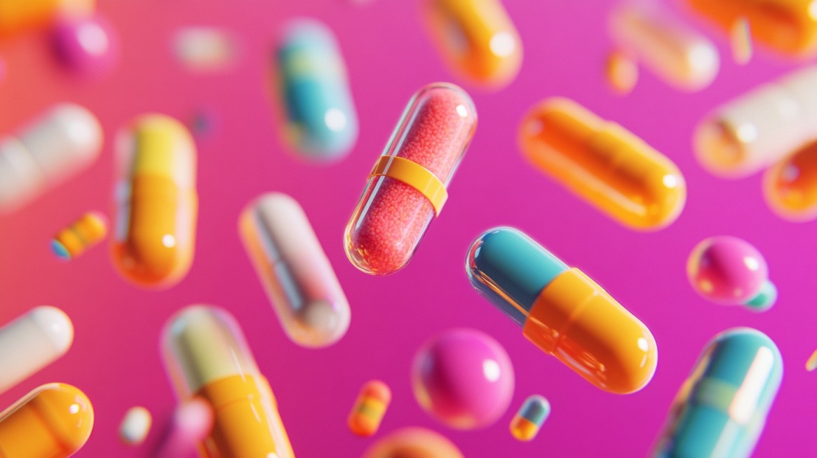A colorful assortment of floating capsules and pills against a vibrant pink and orange background, representing various pharmaceutical and supplement products